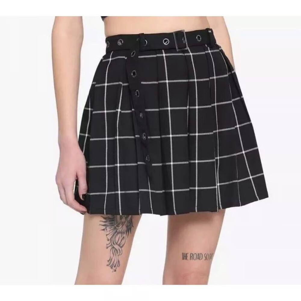 Hot Topic Black White Windowpane Pleated High Waist Mini Skirt Small